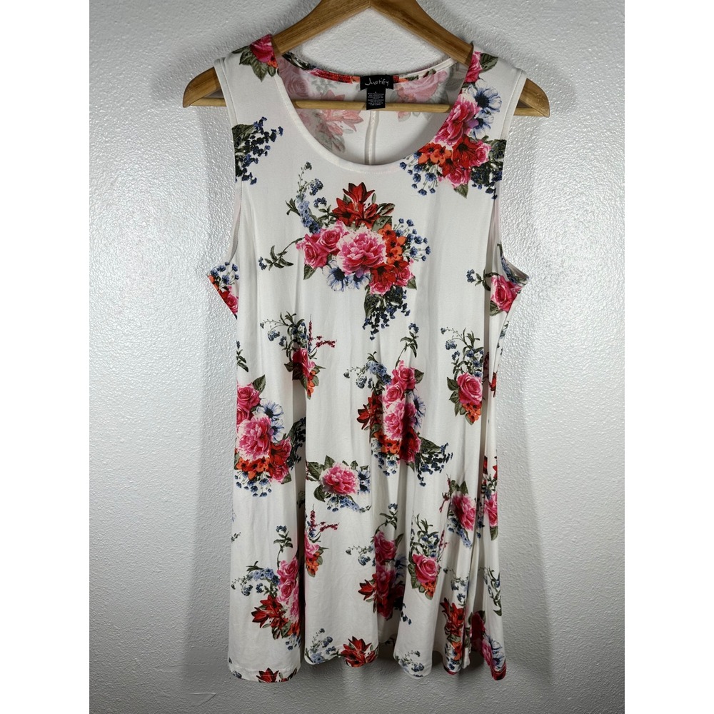 Justify Tank Top Women Large White Floral Sleeveless Scoop Neck Tunic Knit 6832